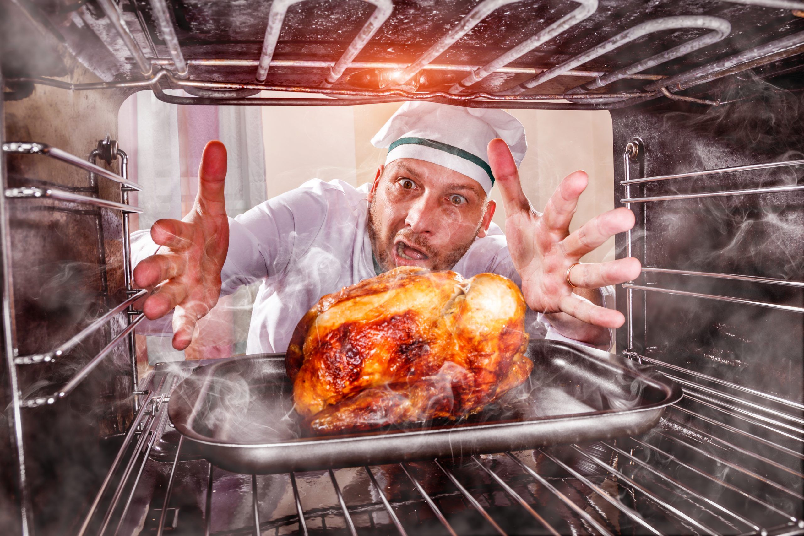 Funny chef perplexed and angry. Loser is destiny!